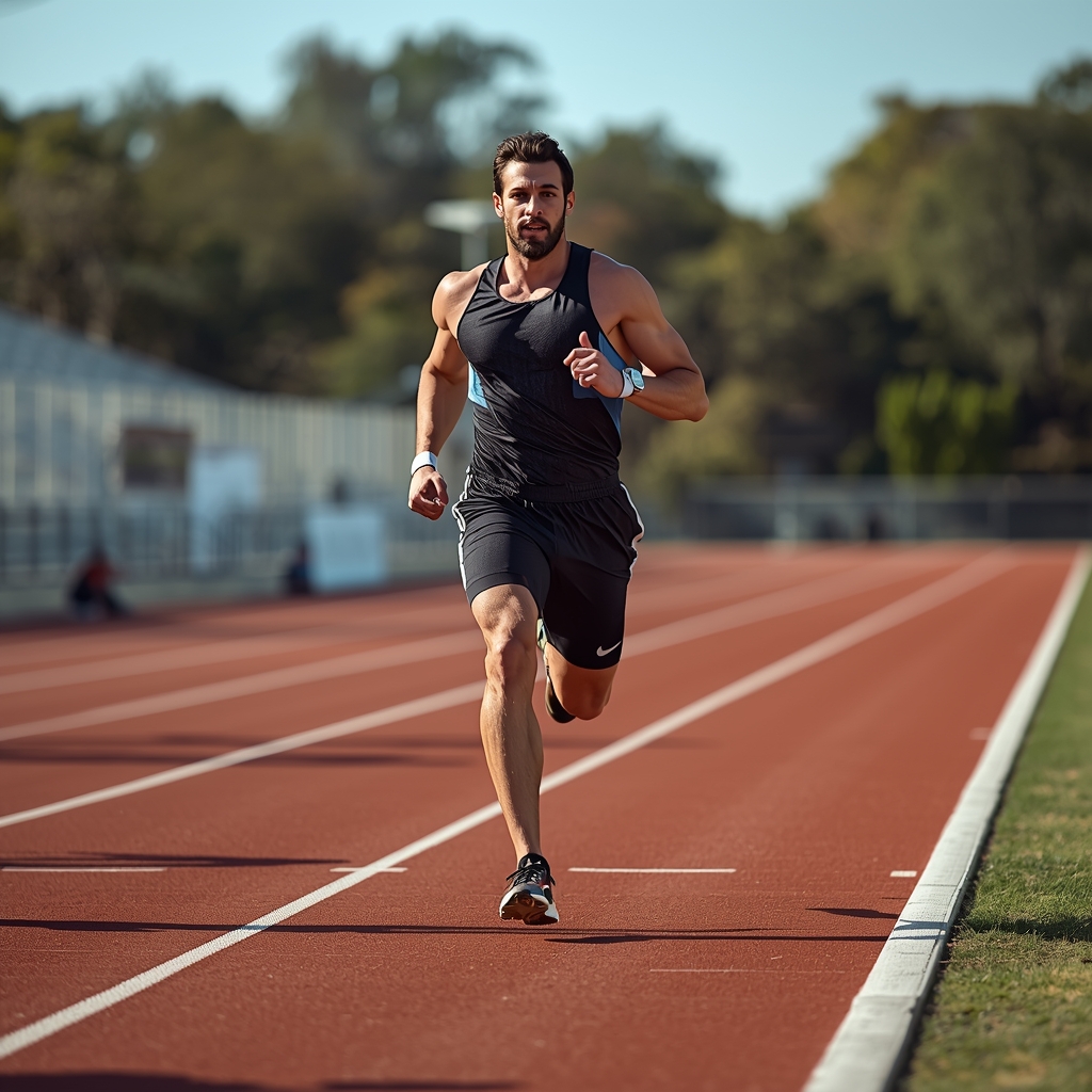 Nano Banana2 prompt: Strong muscular male athletes jogging on a bright red running track outdoors in sunlight, hyper-realistic, action photography, physical education, NO WOMEN